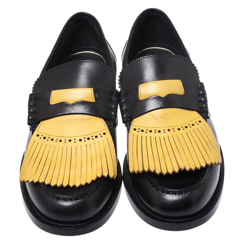 Original Burberry Black/Yellow Leather Bedmoore Fringe Detail Penny Loafers Size 44 (Never Used)