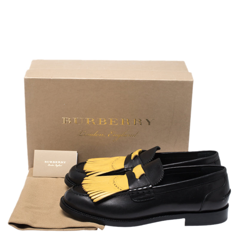 Original Burberry Black/Yellow Leather Bedmoore Fringe Detail Penny Loafers Size 44 (Never Used)