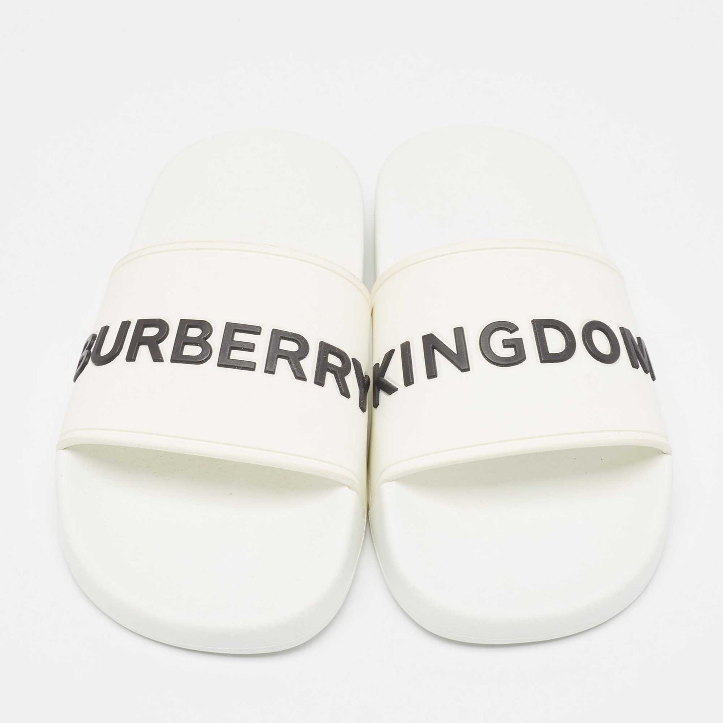 Original Burberry White Rubber Kingdom Motif Pool Slides Size 38