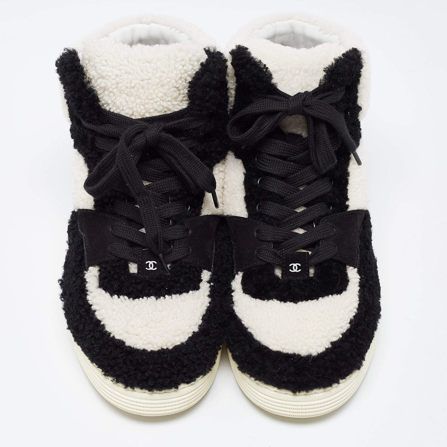 Original Chanel Black/White Shearling High Top Sneakers Size 42