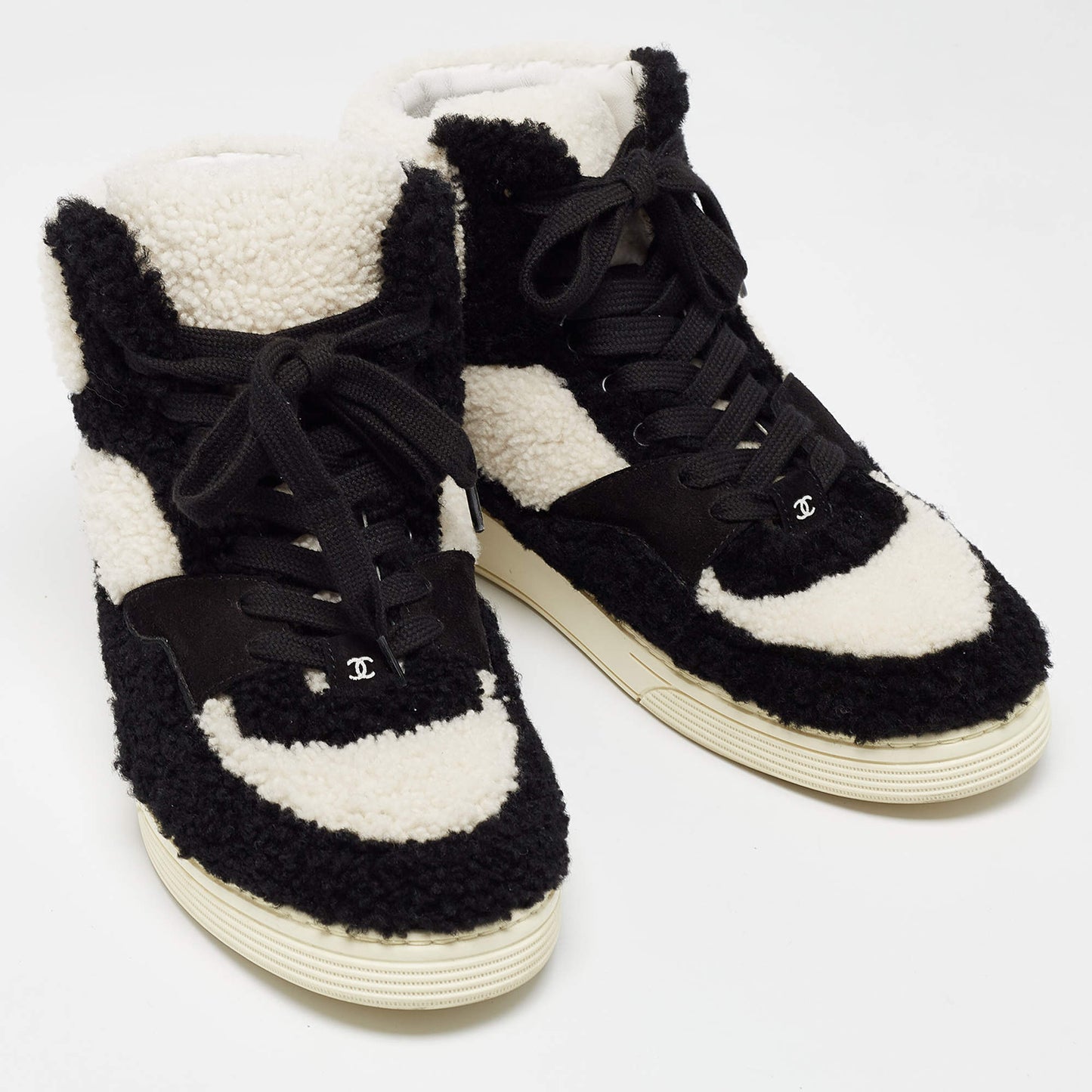 Original Chanel Black/White Shearling High Top Sneakers Size 42