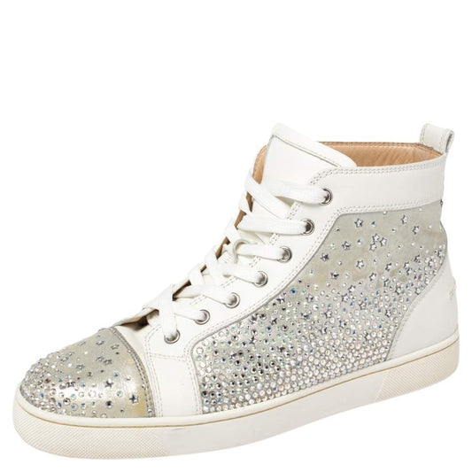 Original Christian Louboutin Silver/White Leather Rantus Crystal Embellished High Top Sneakers Size 41