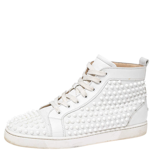 Original Christian Louboutin White Leather Louis Spikes High-Top Sneakers Size 43