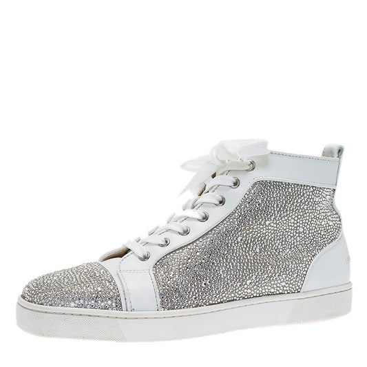 Original Christian Louboutin White Strass Leather Louis High Top Sneakers Size 43