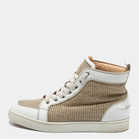 Original Christian Louboutin Beige/White Woven Fabric and Leather Rantus Orlato High Top Sneakers Size 40