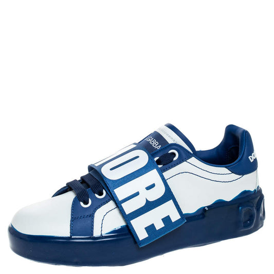 Original Dolce & Gabbana Blue/White Elastic Logo Leather Melt Portofino Sneakers Size 38 (Never Used)