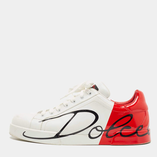 Original Dolce & Gabbana White/Red Leather and Patent Logo Print Portofino Sneakers Size 44