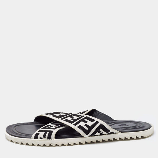 Original Fendi White/Black Zucca Canvas Crisscross Slides Size 46