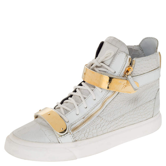 Original Giuseppe Zanotti White Croc Embossed Leather Coby High Top Sneakers Size 44.5