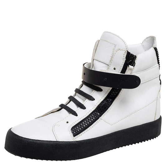 Original Giuseppe Zanotti White/Black Leather Zip Detail High-Top Sneakers Size 42