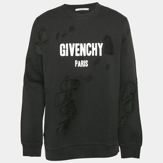 Original Givenchy Black Distressed Logo Print Cotton Sweatshirt M