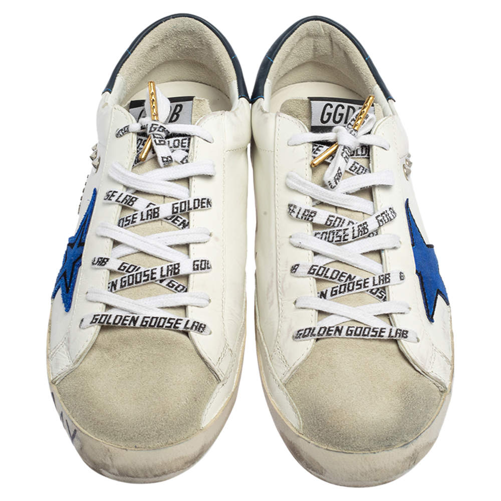 Original  Golden Goose White/Blue Leather and Suede Superstar Golden Day Sneakers Size 42