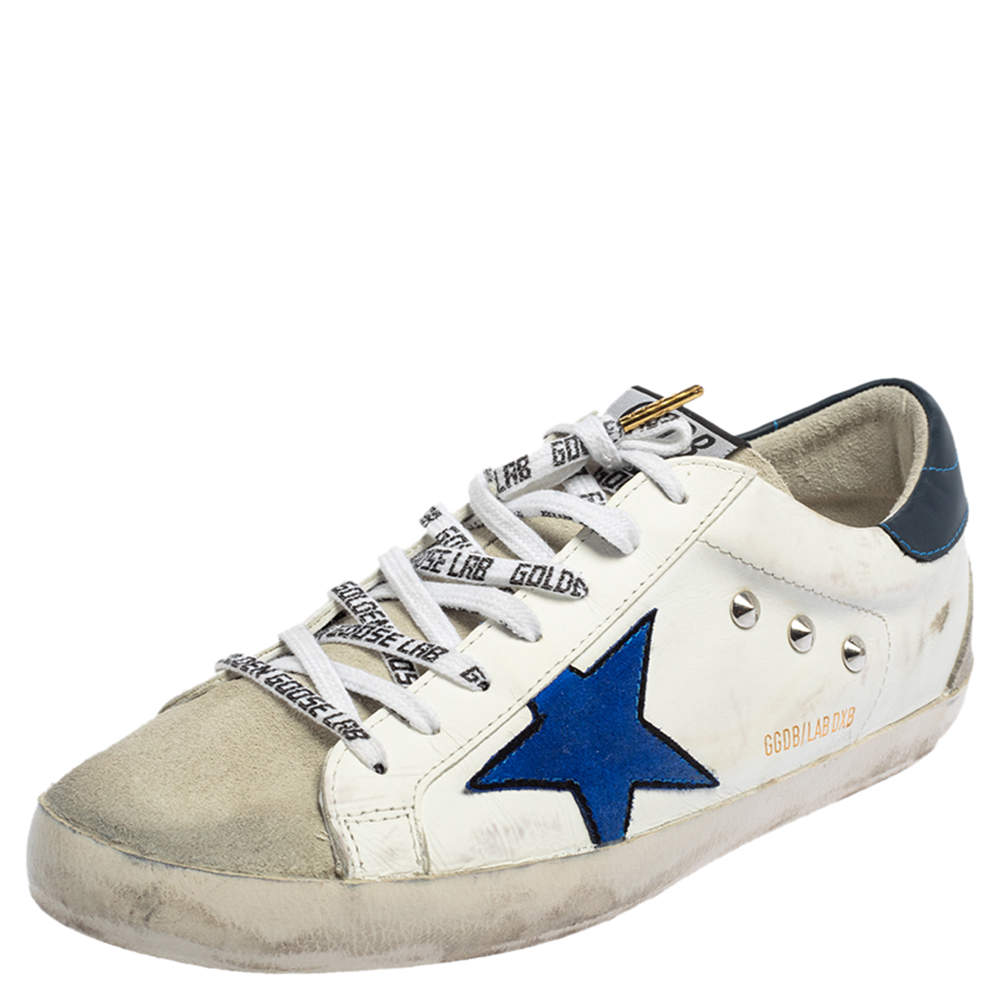 Original  Golden Goose White/Blue Leather and Suede Superstar Golden Day Sneakers Size 42