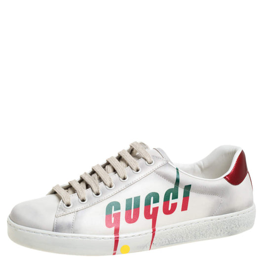 Original Gucci Off White Distressed Leather Ace Blade Print Low Top Sneakers Size 40.5 (Never Used)