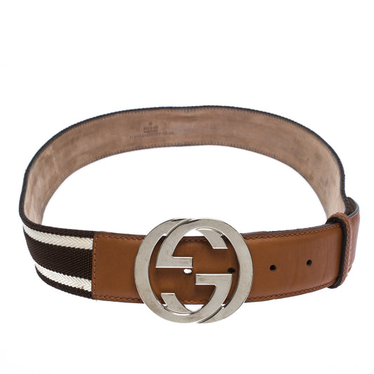 Original Gucci Brown/White Fabric and Leather GG Interlocking Belt Size 95CM