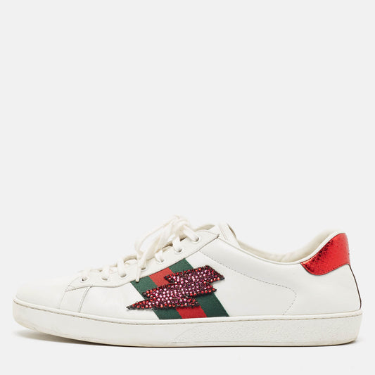 Original Gucci White Leather Embellished Lightning Bolt Ace Sneakers Size 44