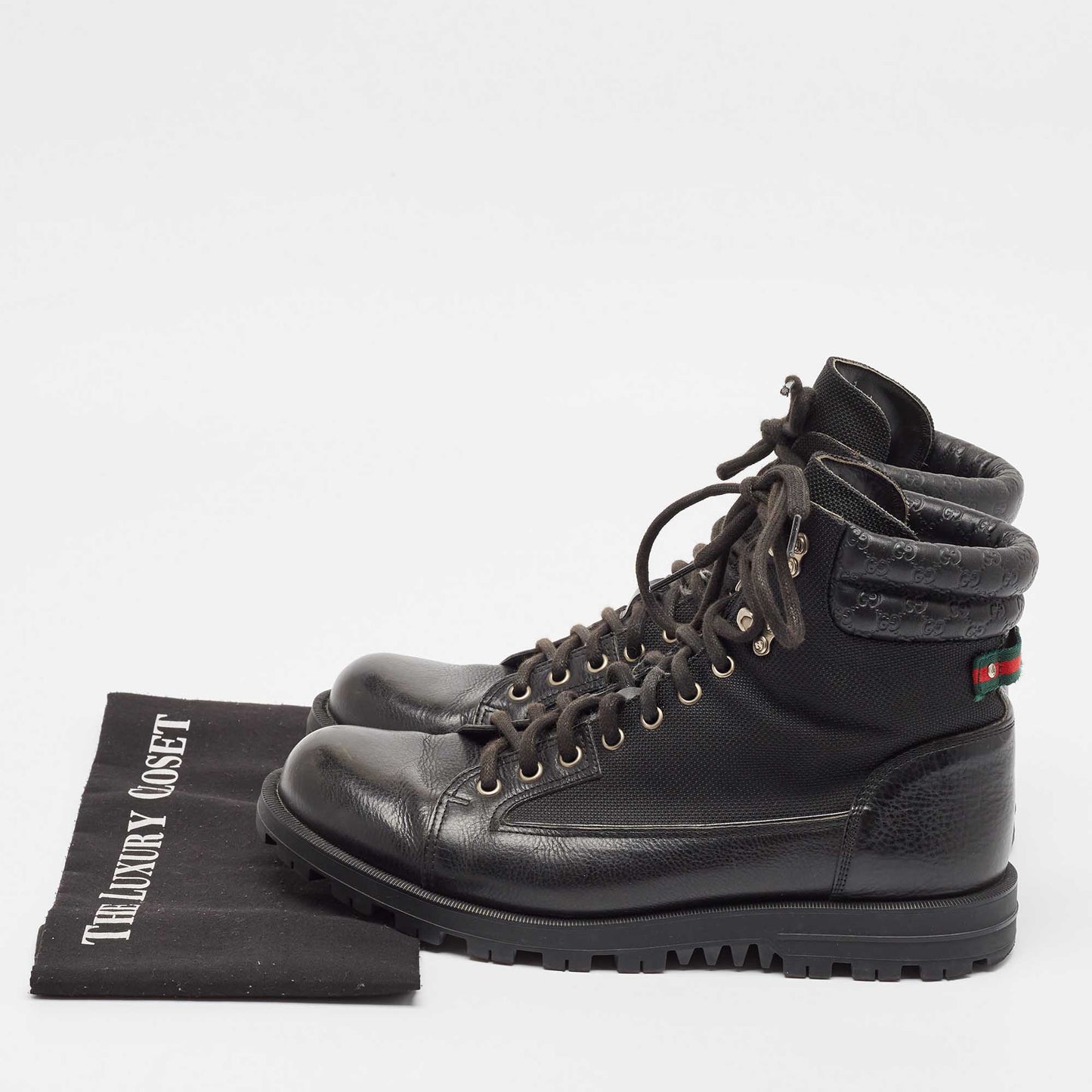 Original Gucci Black Leather and Mesh Combat Boots Size 43.5