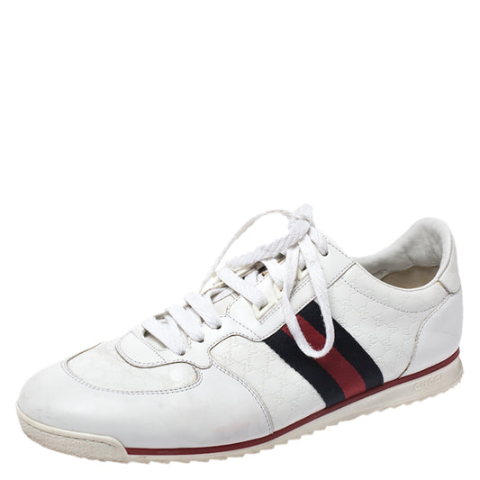 Original Gucci White Micro Guccissima Leather Web Detail Sneakers Size 44.5