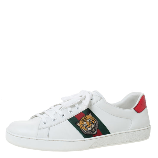 Original Gucci White Leather Ace Embroidered Tiger Low Top Sneakers Size 45