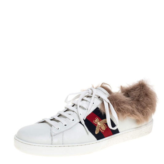 Original Gucci White Leather and Fur Ace Embroidered Bee Low Top Sneaker Size 44.5