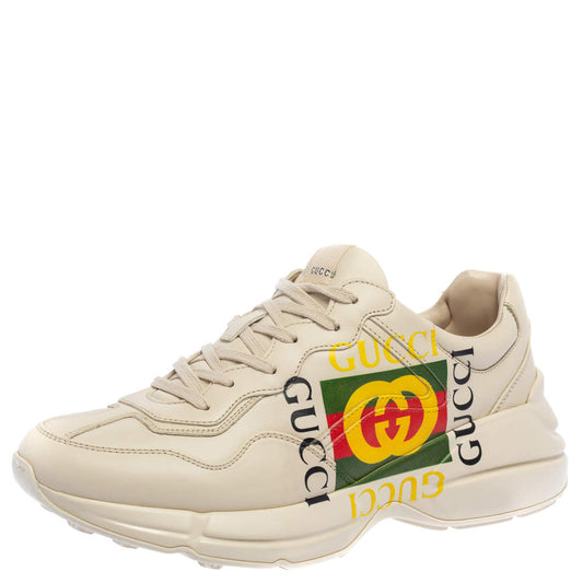 Original Gucci Mystic White Leather Gucci Square Logo Rhyton Low Top Sneakers Size 43