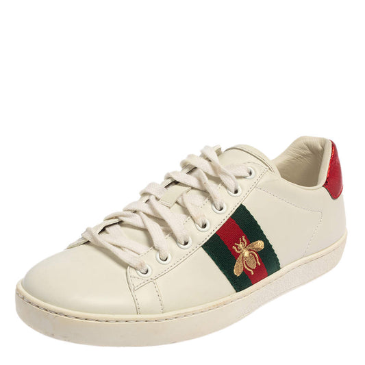 Original Gucci White Leather And Canvas Ace Bee Sneakers Size 37