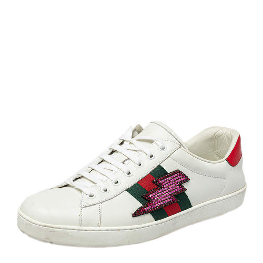 Original Gucci White Leather And Canvas Crystal Embellished Lightning Bolt Ace Low Top Sneakers Size 43.5