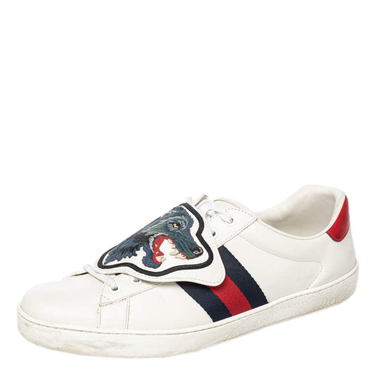 Original Gucci White Leather Ace Removable Patch Low Top Sneakers Size 45