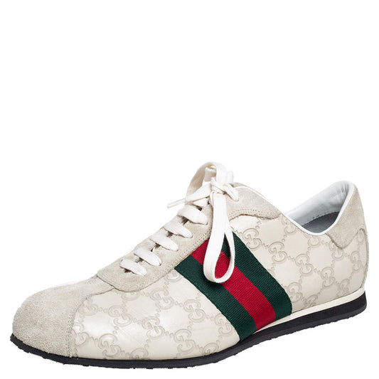 Original Gucci Off White Guccissima Leather and Suede Web Low Top  Sneakers Size 40