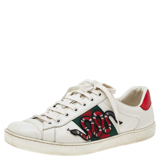 Original Gucci White Leather And Python Embossed Leather Ace Snake Embroidered Low Top Sneakers Size 41.5