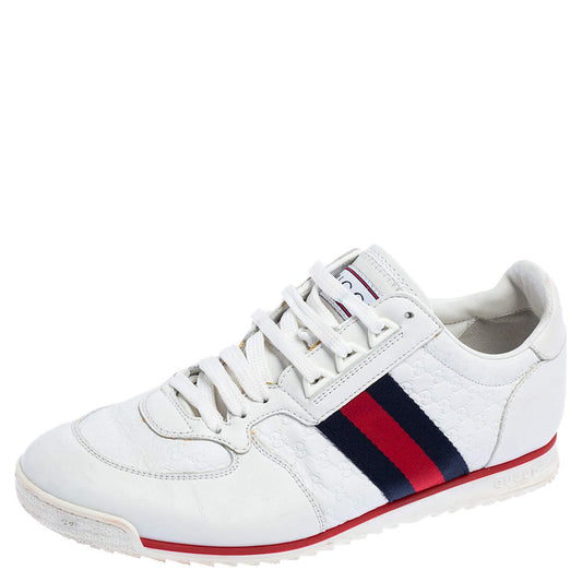 Original Gucci White Microguccissima Leather Web Low Top Sneakers Size 41