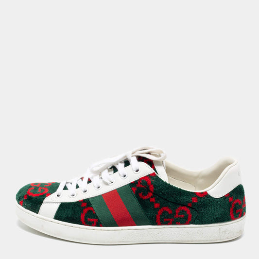 Original Gucci White/Green Leather And  Velvet Ace GG Terry Low Top Sneakers Size 41