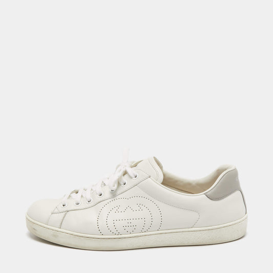 Original Gucci White Perforated Interlocking G Leather Ace Sneakers Size 43.5