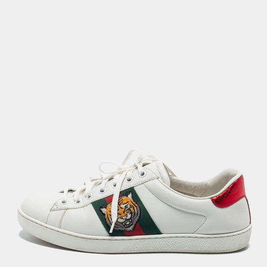 Original Gucci White Leather Tiger Applique Ace Sneakers Size 39.5