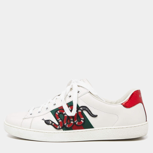 Original Gucci White Leather Embroidered Snake Ace Sneakers Size 41