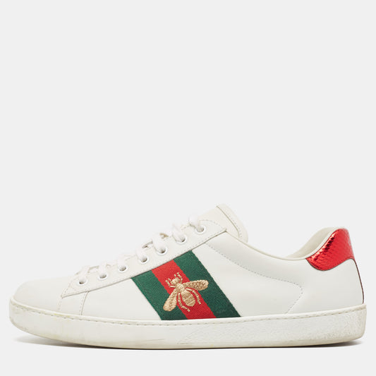 Original Gucci White Leather Embroidered Bee Ace Sneakers Size 41