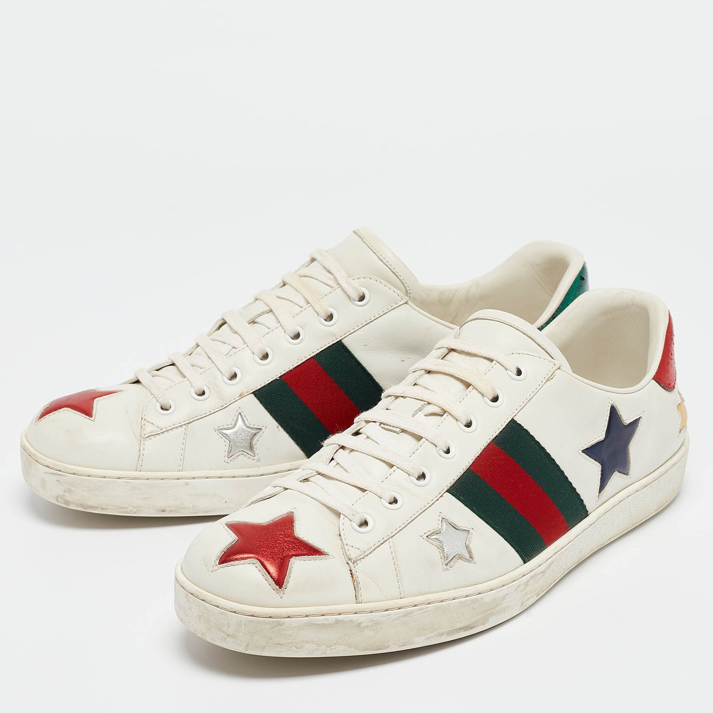 Original Gucci White Leather Star Ace Low Top Sneakers Size 45