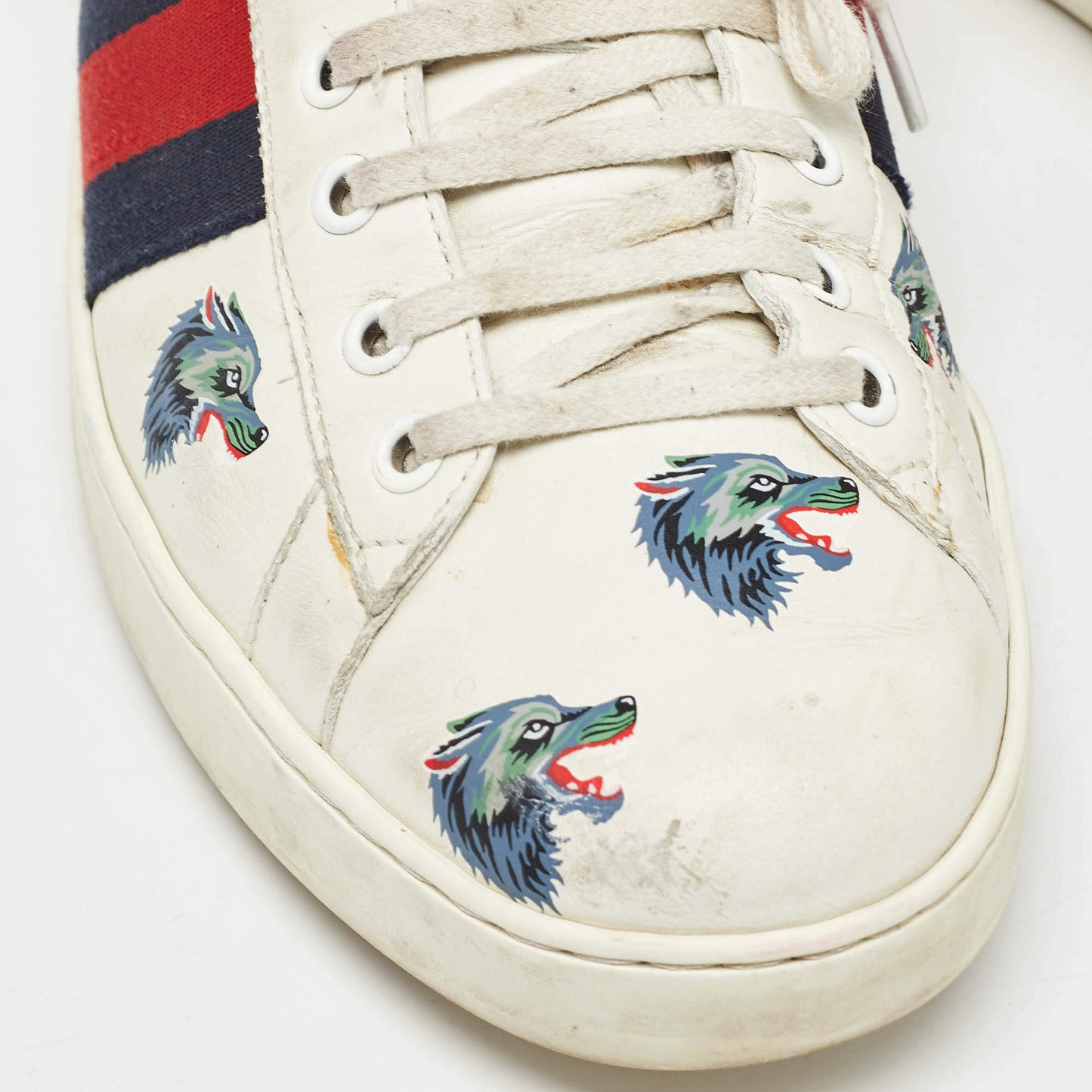 Original Gucci White Leather Wolf Print Ace Sneakers Size 44.5