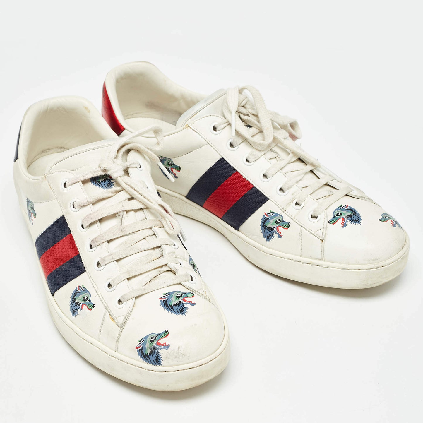 Original Gucci White Leather Wolf Print Ace Sneakers Size 44.5