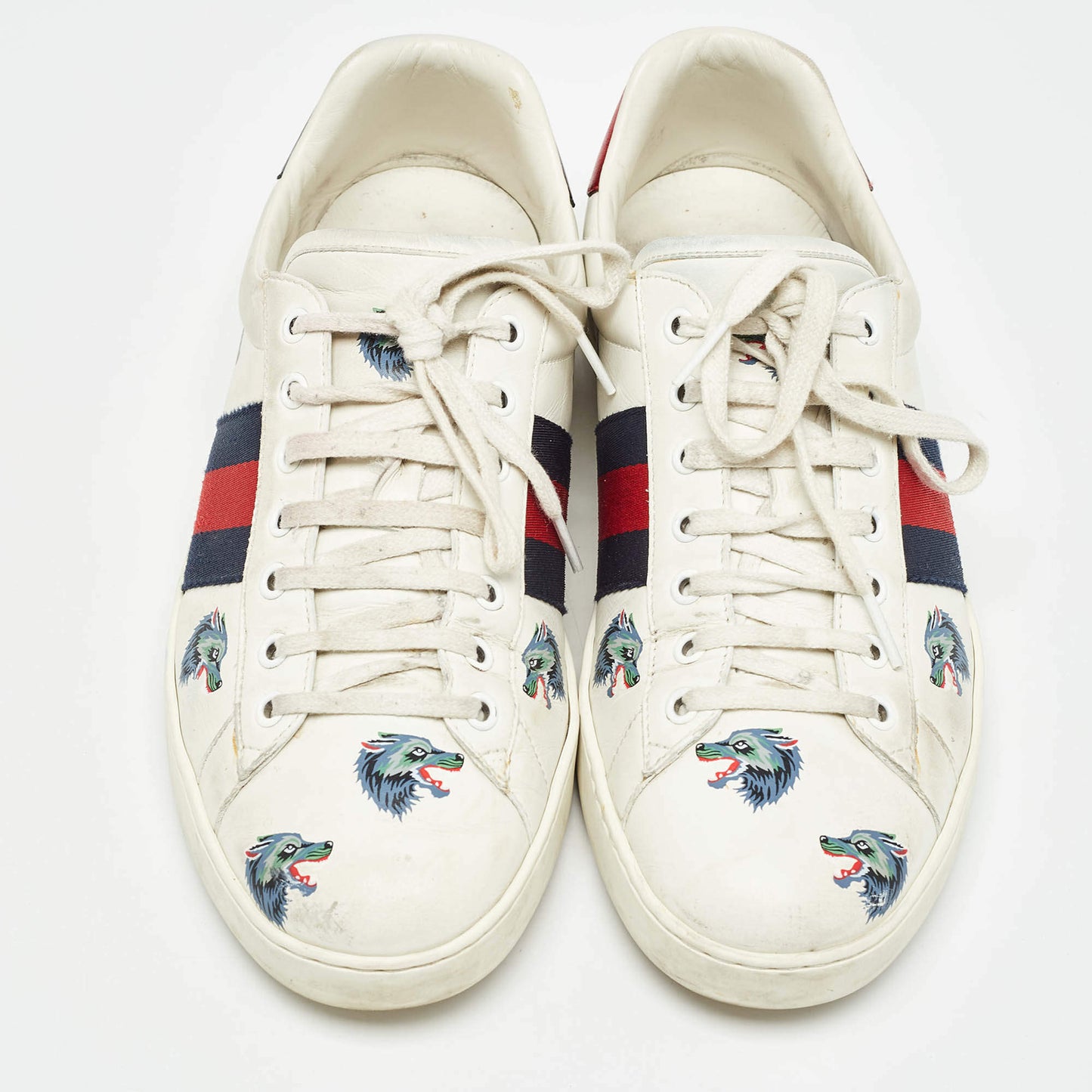 Original Gucci White Leather Wolf Print Ace Sneakers Size 44.5