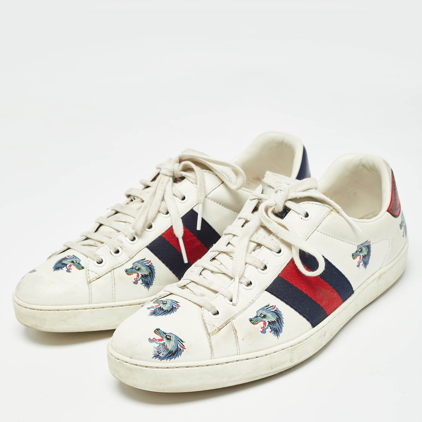 Original Gucci White Leather Wolf Print Ace Sneakers Size 44.5