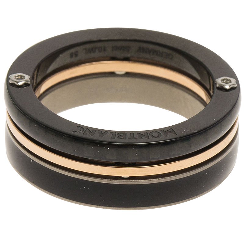 Original Montblanc The League Black Titanium Steel Rose Gold Tone Mens Band Ring Size 58 (Never Used)