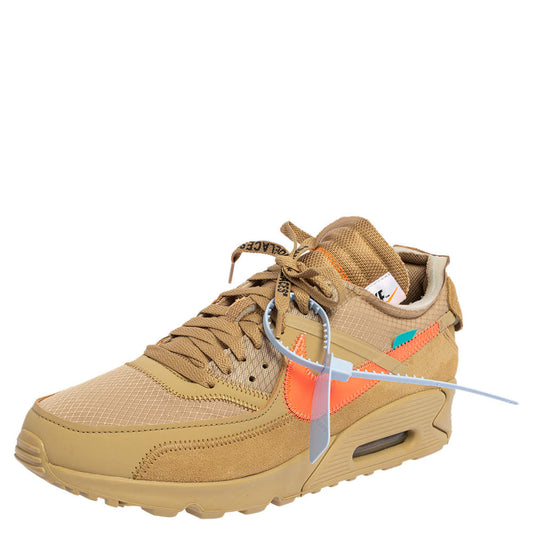 Original Off-White x Nike Beige Mesh And Suede Air Max 90 Desert Ore Sneakers Size 44 (Never Used)