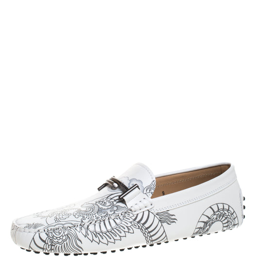 Original Tod's White Leather Dragon Print Double T Loafers Size 43 (Never Used)