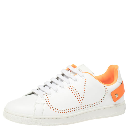 Original Valentino White/Florescent Orange Leather V-Logo Sneakers Size 42 (Never Used)