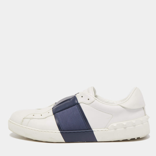 Original Valentino White/Navy Blue Leather Slip On Sneakers Size 45