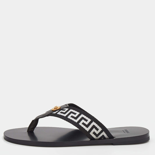 Original Versace Black/White Leather And Fabric Flat Slide Greca Sandals Size 43 (Never Used)