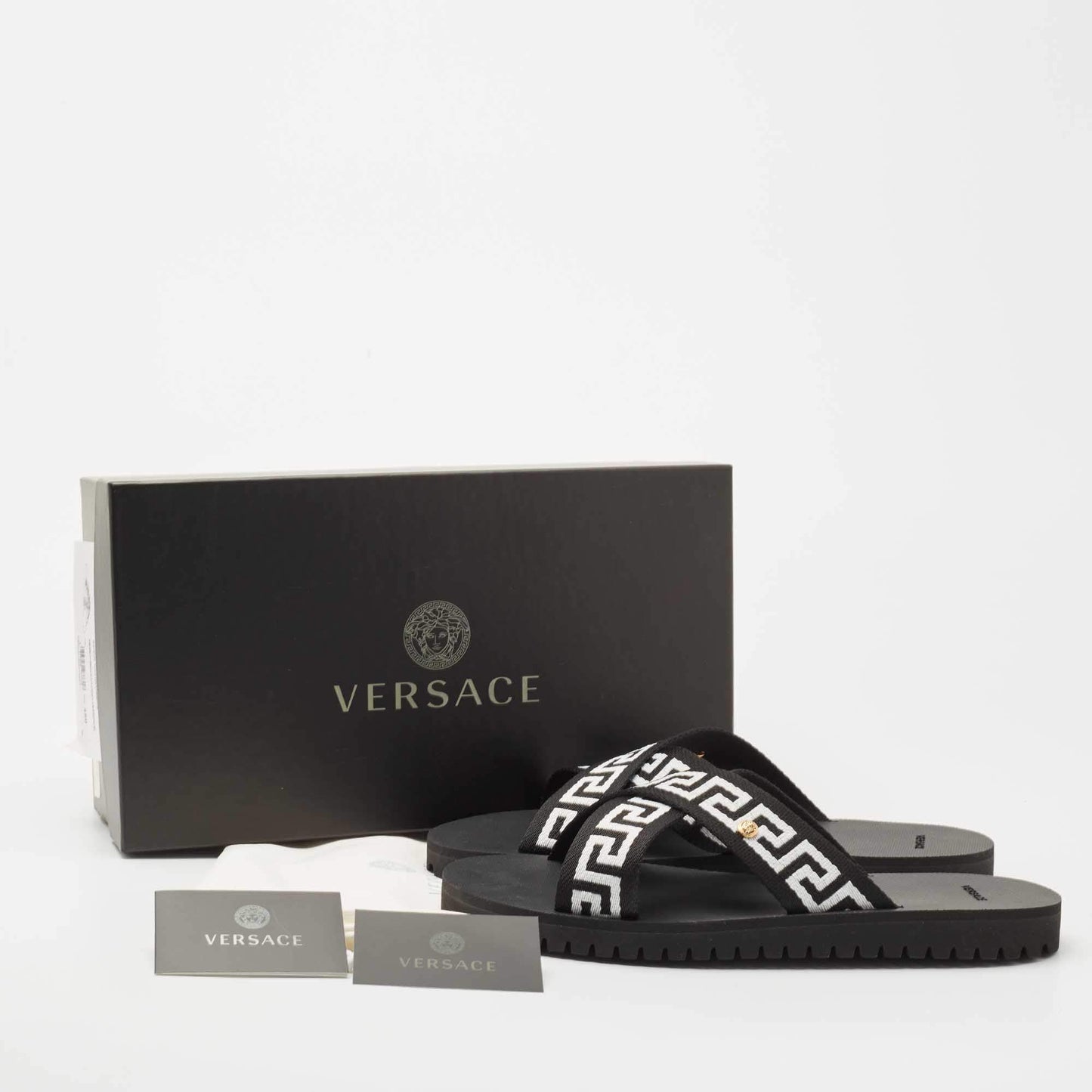 Original  Versace Black/ White  Canvas Nastro Greca Cross Strap Sandals Size 45 (Never Used)