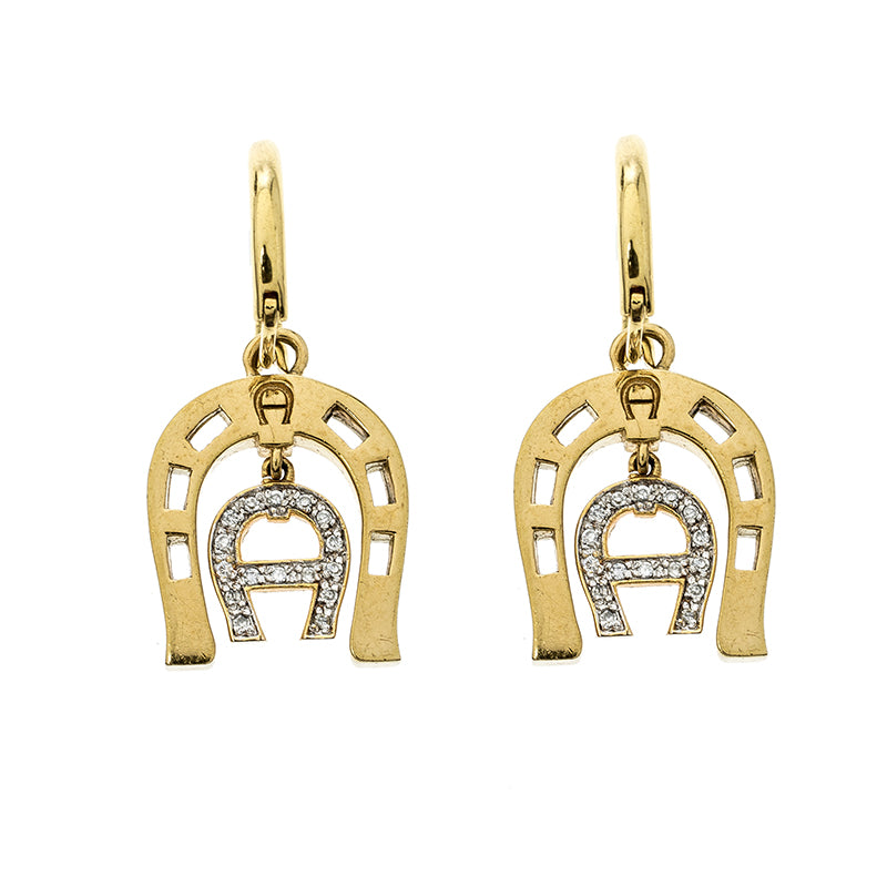 Original Aigner Crystal Studded Gold Tone Hoop Drop Earrings