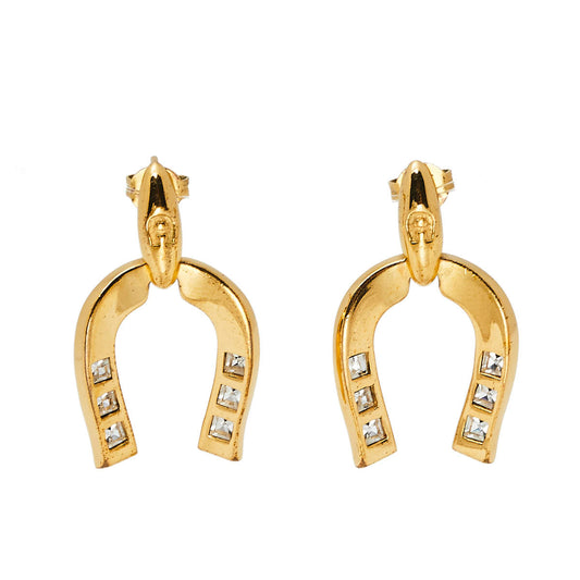 Original Aigner Horseshoe Crystals Gold Tone Drop Earrings